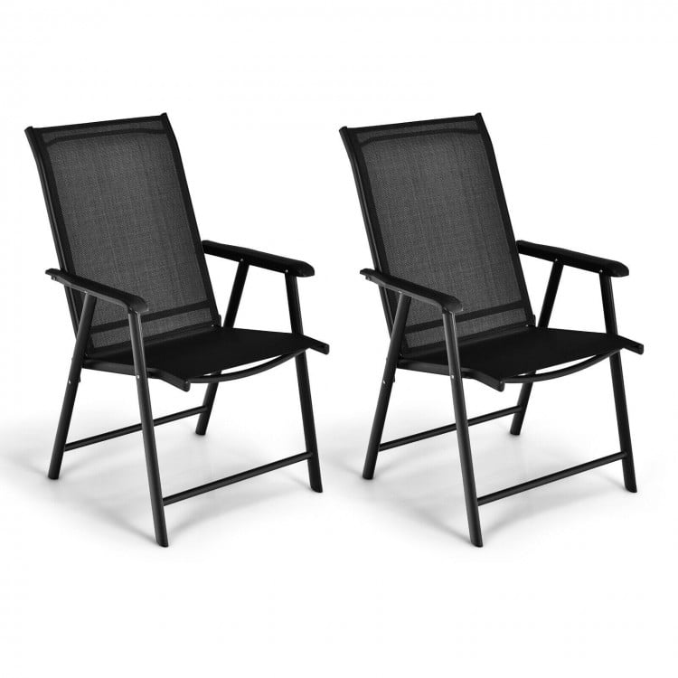 Set of 2 black outdoor patio folding chairs with ergonomic armrests, featuring a durable metal frame for indoor and.